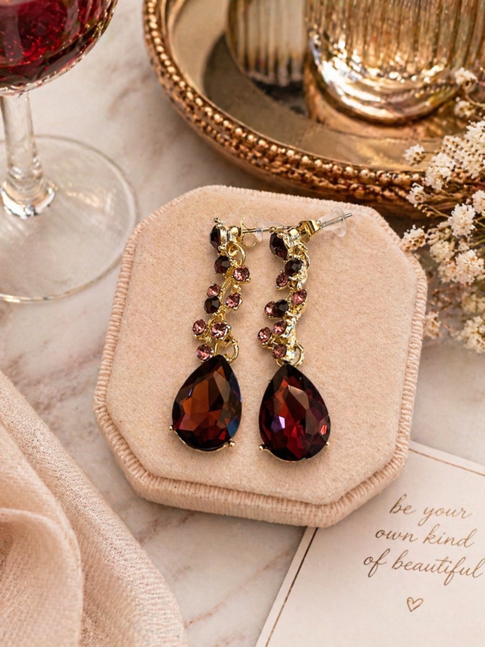 Burgundy Teardrop Statement Earrings | Gold Tone & Crystal Accents